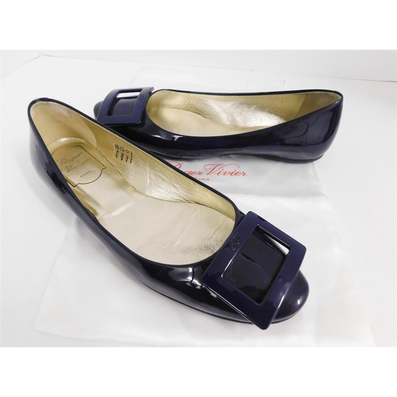 Roger Vivier Shoes - Roger Vivier Paris Navy Blue Patent leather Buckle Ballet Falts Italy 37.5